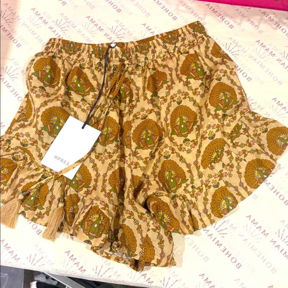SPELL Chateau Flutter Short Champagne Tan Floral Ruffle Shorts Size XS